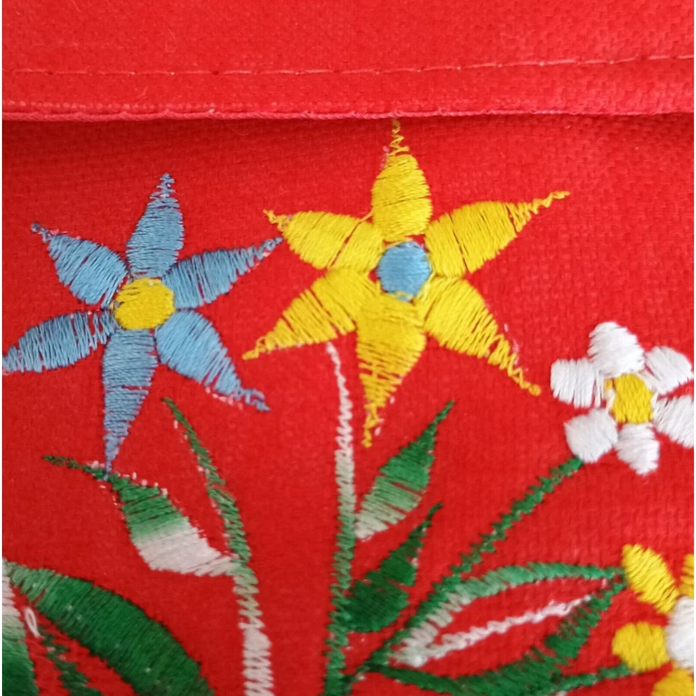 Vintage 80s 90s Red Canvas Crossbody Bag Purse Front Pockets Floral Embroidery